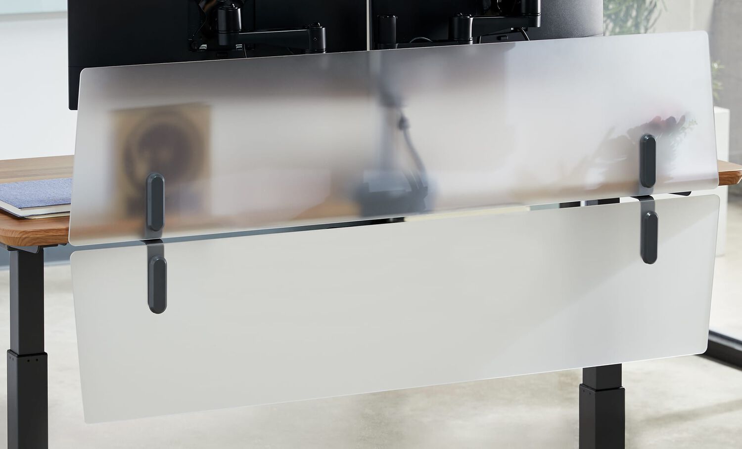 Standing desk with vari acrlyic modesty panels 60