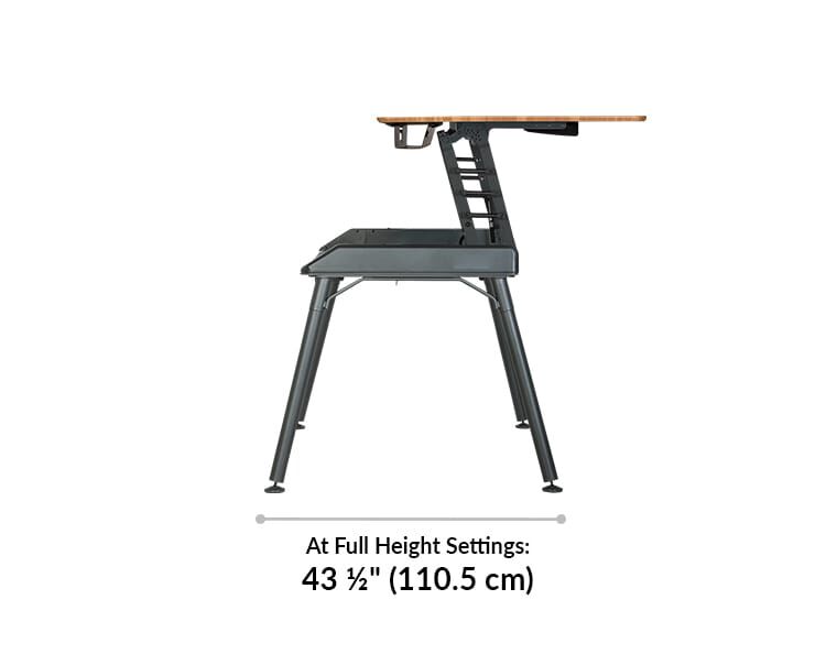 At full height setting, the top of the desk comes towards the user, and takes up a total of 43 and a half inches in depth from front of desk to back of base.