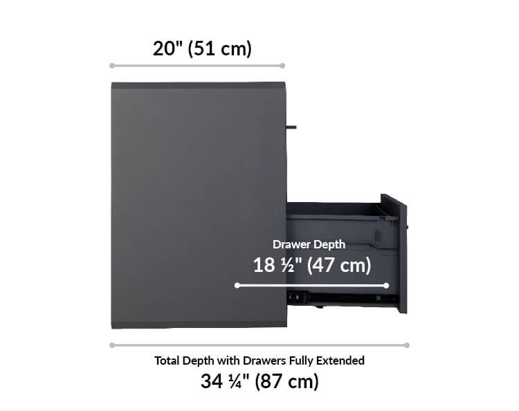 lateral file cabinet is 20 inches deep. Drawer depth is 18 and a half inches. Total depth with drawers fully extended is 34 and a quarter inches long