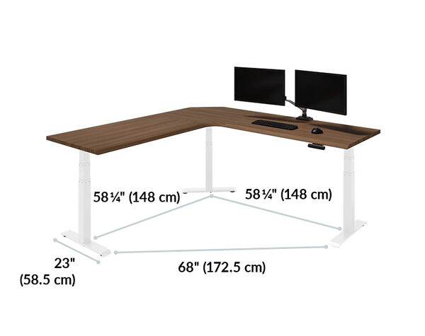 the distance between the two side legs of the l shape electric standing desk eighty by eighty is sixty eight inches