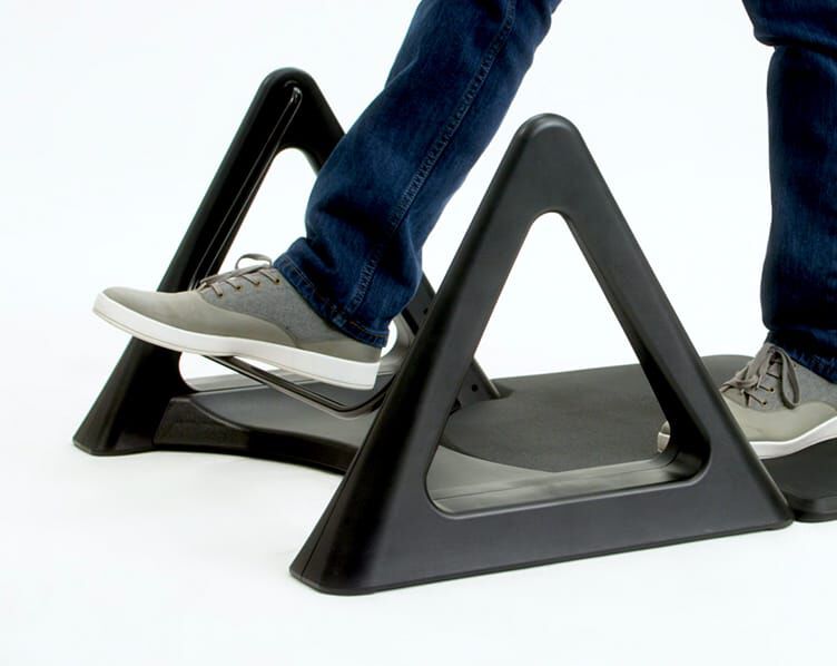 individual uses right foot to engage with rocker on the mat