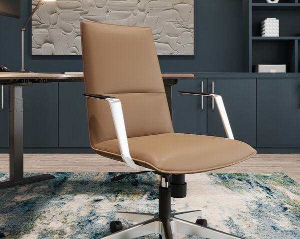 high back conference chair in executive conference room setting with l-shape electric standing desk