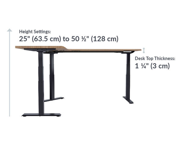 The L-Shape Electric Standing Desk walnut is 25 inches to 50 