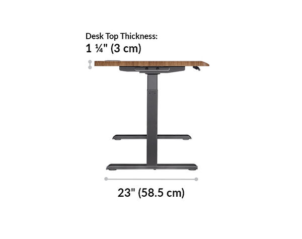 The t-style legs of the Ergo Electric Standing Desk 54x26 in walnut finish have a base of 23 inches