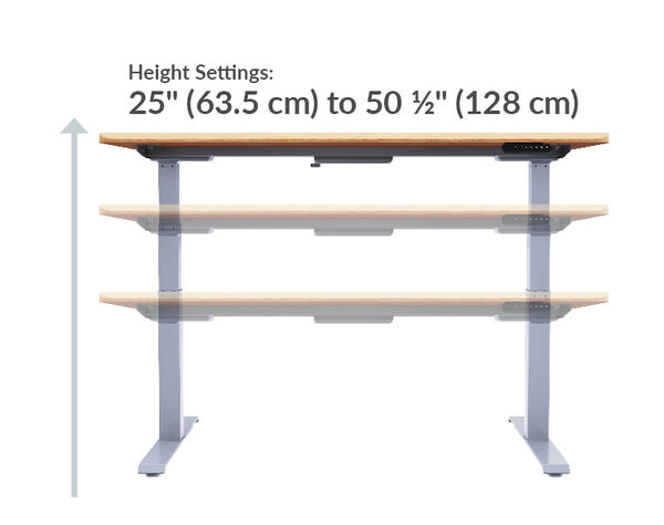 The height settings of the Electric Standing Desk 72x30 Black range from 25 inches to 50.5 inches tall