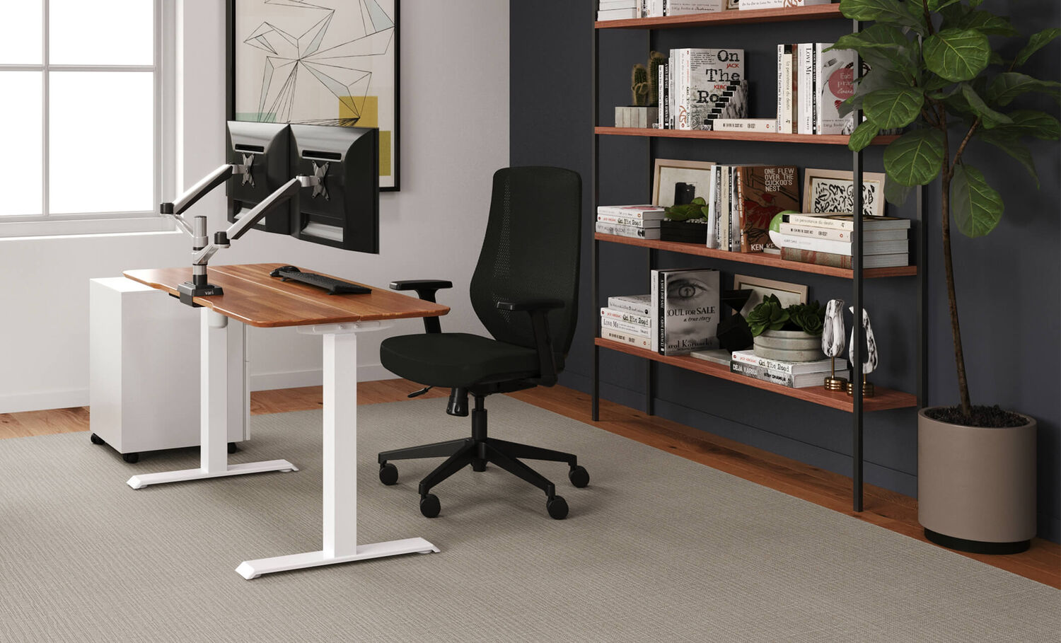 essential electric standing desk split top 48x24 in hazelwood in office setting