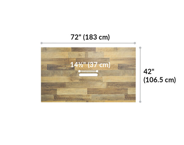 table is 72 inches wide, 42 inches deep, and the cable management cutout is 14 and a half inches long