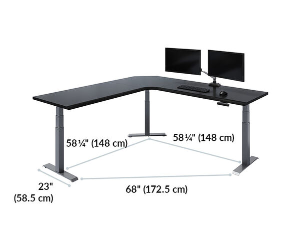The L-Shape Electric Standing Desk black is 58 inches apart and 68 inches from leg to leg