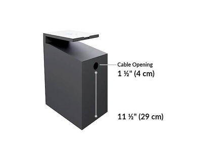 vari hanging desk cubby has a cable opening 1 and a half inches tall and a 11 and a half inches tall.