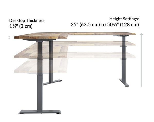 The L-Shape Electric Standing Desk reclaimed wood is 25 to 50 and a half inches high