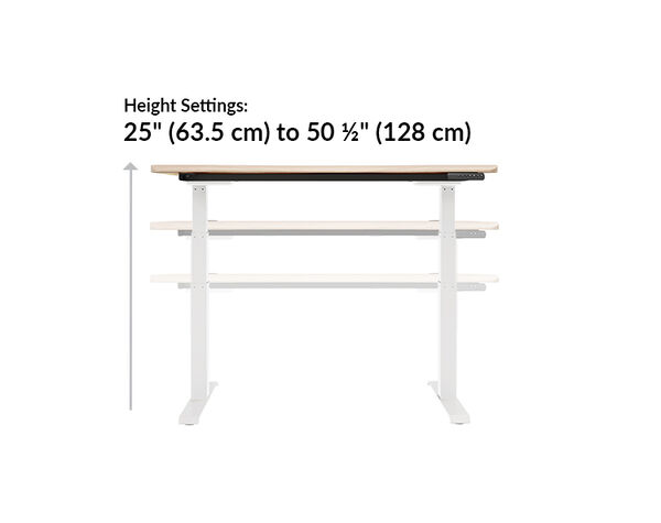 The height range of the ergo Electric Standing Desk 52x26 Light Wood goes from 25 inches to 50.5 inches tall
