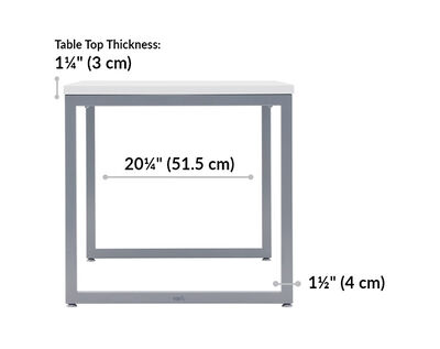 white vari table 48 by 24 length 22 inches. Height 29 inches. Table top thickness 1 and 1 quarter inches