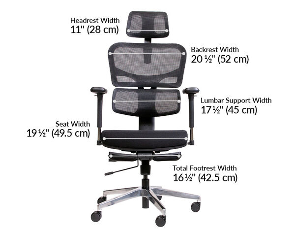 Vari ComfortFlex Office Chair headrest width is 11 inches and seat width is 19 and a half inches