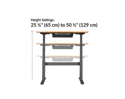 vari electric standing desk 48x30 height settings range from 25 and a half to 50 and a half inches