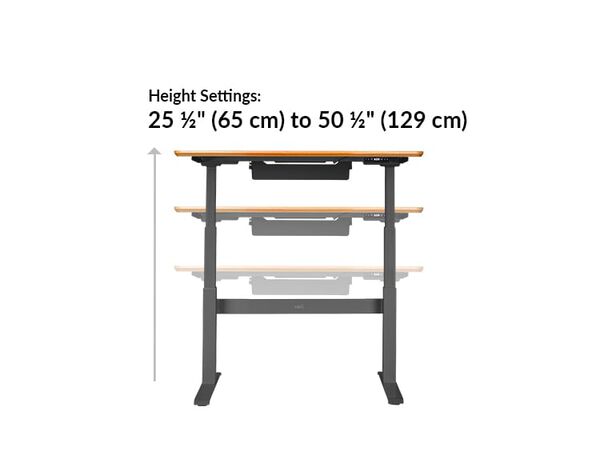 vari electric standing desk 48x30 height settings range from 25 and a half to 50 and a half inches