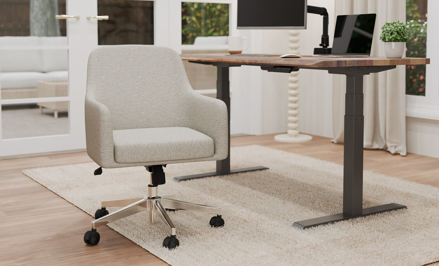 beige temper pedic upholstered office chair in a home office setting