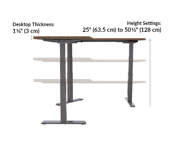 The L-Shape Electric Standing Desk Walnut is 25 inches to 50 and a half inches high