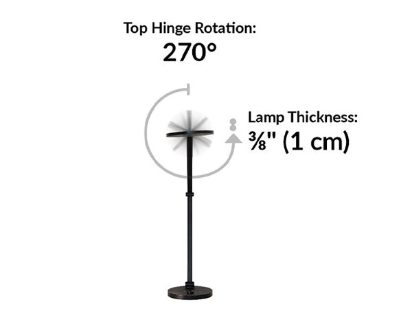 LED Studio Lamp Top Hinge rotation is 270 degrees. Lamp thickness is 1 centimeter.
