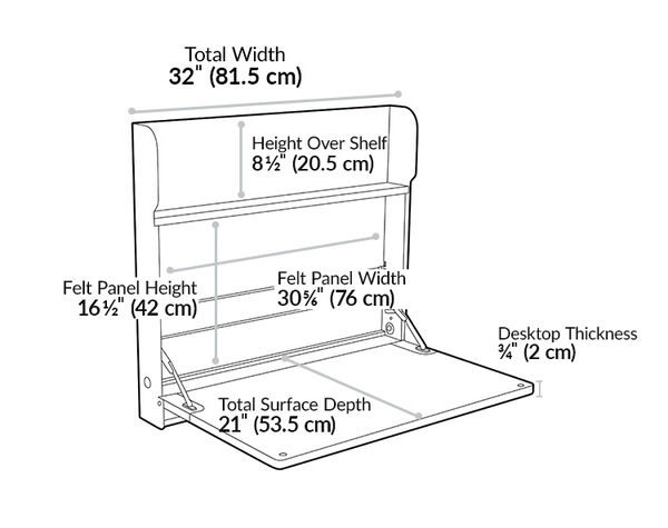 Hide-away desk has a total width of thirty two inches and surface depth of twenty one inches