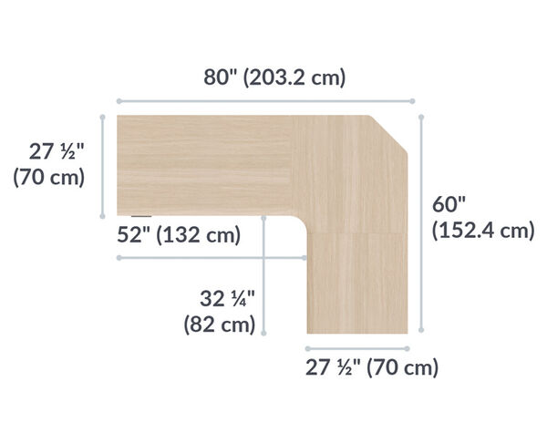 L-Shape Electric Standing Desk Light Wood is 80 inches wide and 60 inches deep