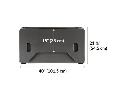 VariDesk Cube Plus 40 width 40 inches or 101 and a half centimeters. Length 21 and a half inches or 54 and a half centimeters. Upper display surface length 15 inches or 38 centimeters.