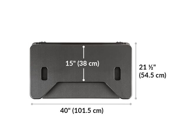 VariDesk Cube Plus 40 width 40 inches or 101 and a half centimeters. Length 21 and a half inches or 54 and a half centimeters. Upper display surface length 15 inches or 38 centimeters. 