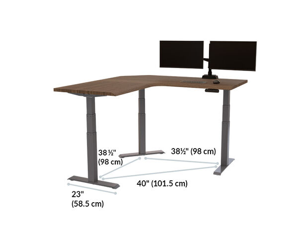 L-Shape Electric Standing Desk 60x60 Walnut is 60 inches wide and 60 inches deep