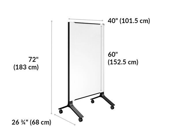 mobile glass board 40 by 72 is 40 inches wide, 72 inches tall. Board height is 60 inches and feet length is 26 and 3 quarter inches