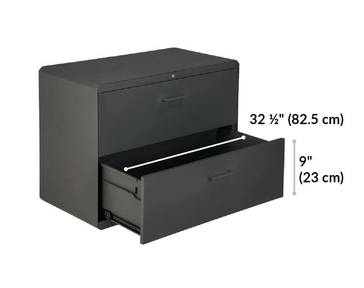 lateral file cabinet drawer is 32 and a half inches wide and 9 inches tall