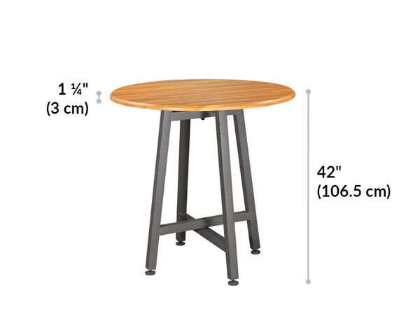 standing round table is 42 inches tall and the tabletop is 1.25 inches thick