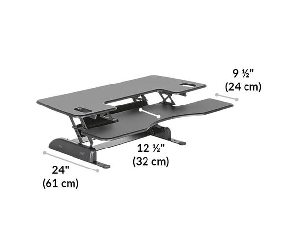 Dimension image shows the base of the desk riser is 24 inches deep