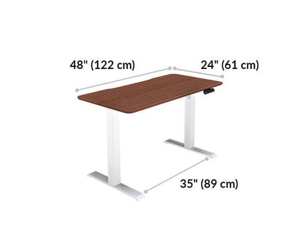 Essential electric standing desk split top 48x24 is 48 inches wide and 24 inches deep. Space between legs is 35 inches wide.