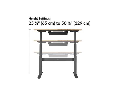 vari electric standing desk height setting range from 25 and a half inches to 50 and a half inches