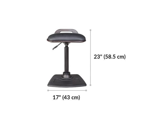 Vari active seat base width 15 and 3 quarter inches. Height at lowest setting 23 inches