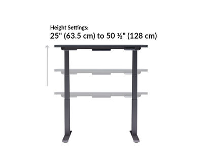 The base of the Electric Standing Desk ComfortEdge™ 60x30 Black goes from 25 inches to 50.5 inches tall
