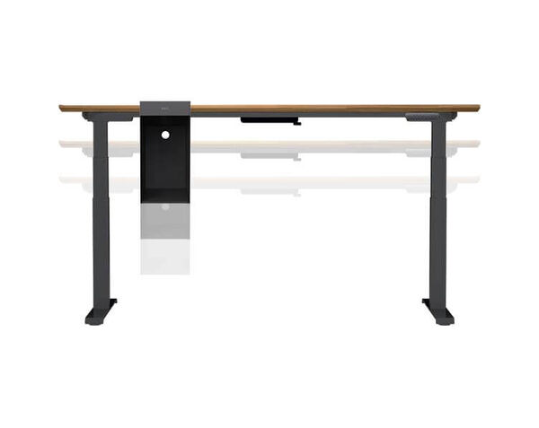 electric standing desk with hanging desk cubby attached shown raising and lowering