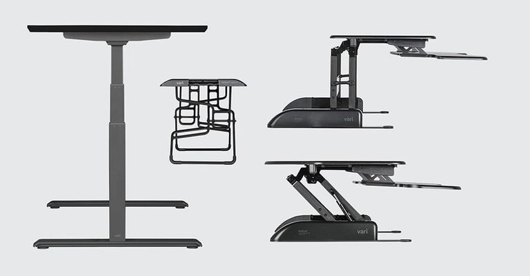 Side views of variety of black standing desk solutions