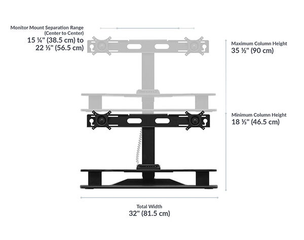 Dimension image that shows the total width of the premier electric converter is 32 inches wide and the monitor mount separation range is from 15 and a half inches to 22 and a third inches