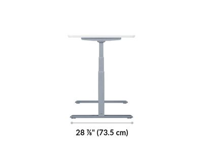 Electric standing desk base is 28 and 7 eighth inches long