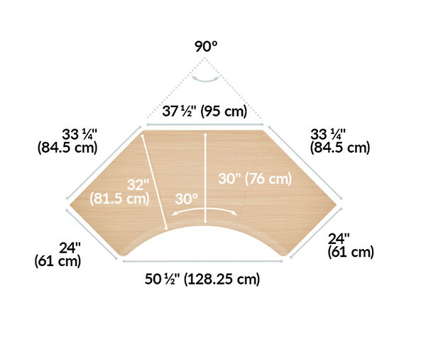 op-down diagram of a corner desk showing dimensions: 50 ½" wide, 30" deep, with angled sides measuring 37 ½" and 33 ¼"; metric conversions included for all measurements.