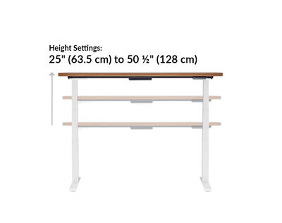 The base of the Electric Standing Desk with ComfortEdge™ 72x30 walnut goes from 25 inches to 50.5 inches tall