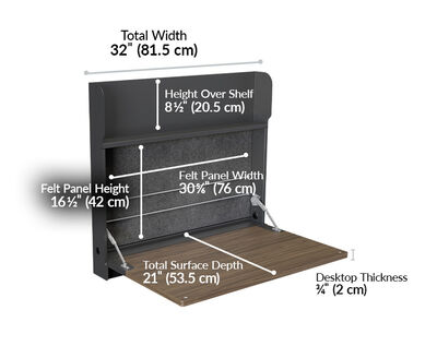 Hide-away desk has a total width of thirty two inches and surface depth of twenty one inches