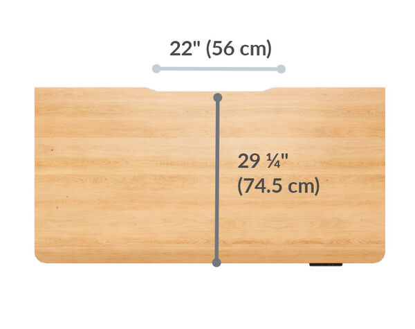 Overview image of walnut desk measuring 22 inches (56 cm) in width and 25.5 inches (65 cm) in depth, designed for standing desk use.