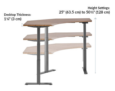the command center desk has a desktop thickness of 1.25 inches and is height adjustable from 25 inches to 50 and a half inches