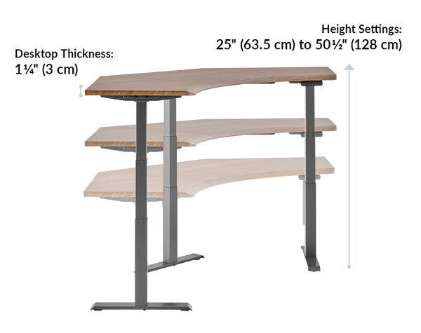 the command center desk has a desktop thickness of 1.25 inches and is height adjustable from 25 inches to 50 and a half inches