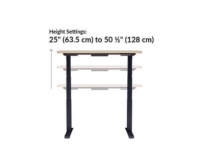 The base of the Electric Standing Desk with ComfortEdge™ 48x30 light wood top with black legs goes from 25 inches to 50.5 inches tall