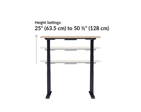 The base of the Electric Standing Desk with ComfortEdge™  48x30 light wood top with black legs goes from 25 inches to 50.5 inches tall