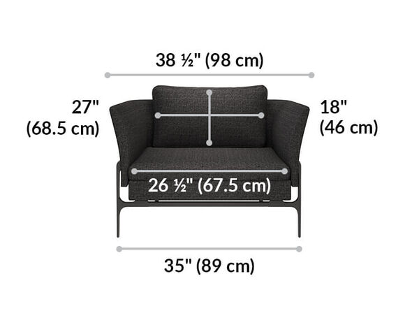 contemporary chair is 35 inches long and the cushioned seat is 26 and a half inches long