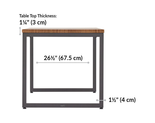 white vari table 60 by 30 length 26.5 inches. Table top thickness 1 and a quarter inches. 