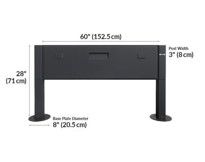 power beam 60 is 60 inches wide, 28 inches tall, and 3 inches deep, with a base plate diameter of 8 inches.
